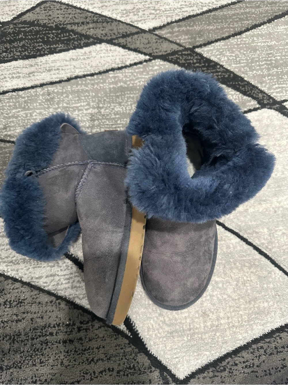 UGG Women's Navy Blue Suede Shearling Boot with Button